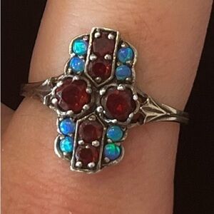 Sterling silver, opal and garnet ring. Size 7.5